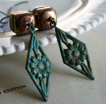 Weeding Out - Trellis Earrings - Verdigris Pendants, Turquoise, Brass, And Oxidized Sterling Silver