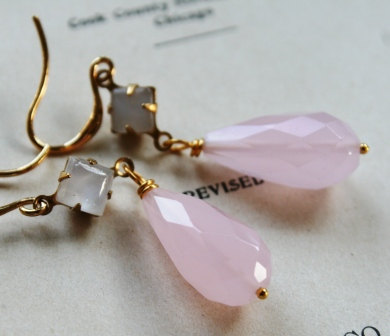 Mariah Earrings - Baby Pink Rose Quartz, Mother Of Pearl, And Gold