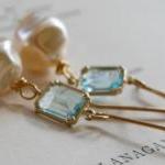 Brynn Earrings - Vintage Glass Pearls, Aqua Quartz..